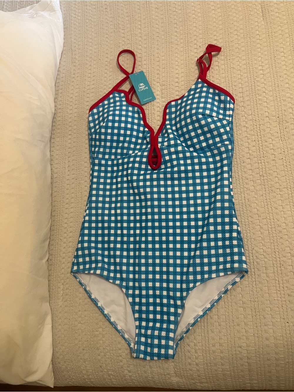 Cupshe Blue Gingham One-Piece Swimsuit with Red Trim